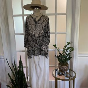 Dolma 100% Silk Tunic Top Black and Ivory w/Ivory Embroidery